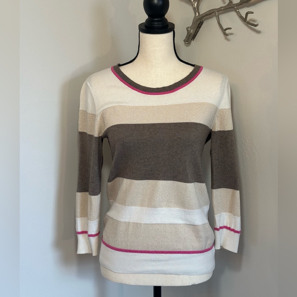 Banana Republic Gold/Cream/Hot Pink Stripped 3/4 Sleeve Sweater-Small